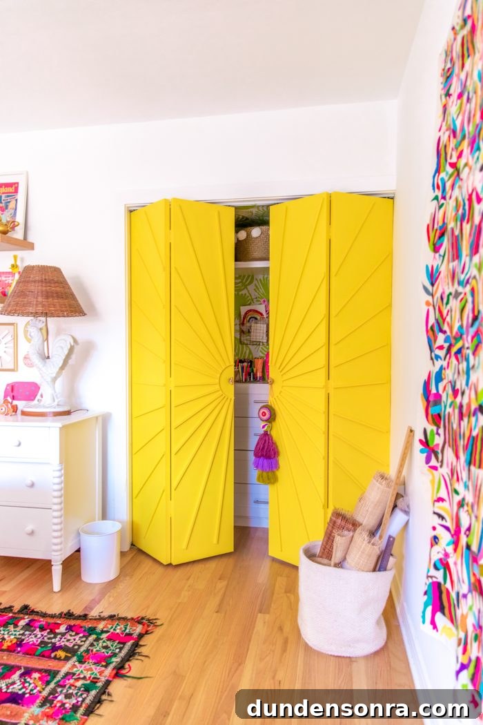 Create a Stylish Home Office and Guest Room: Design Tips for a Multipurpose Space 14 Yellow sun closet doors in a colorful home office