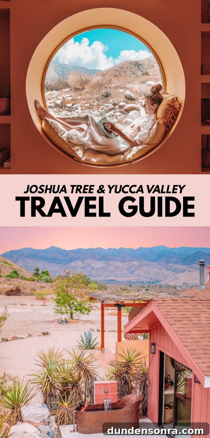 Top Things to See and Do in Joshua Tree & Yucca Valley 23 Woman sitting in front of circle photo window above a photo of the Yucca Valley desert with a pink house and sunset sky