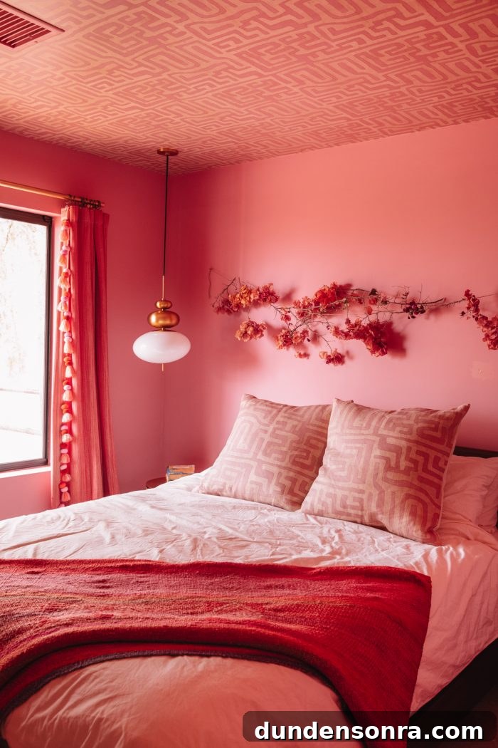 Top Things to See and Do in Joshua Tree & Yucca Valley 5 Pink room with pink patterned ceiling and pink bedding
