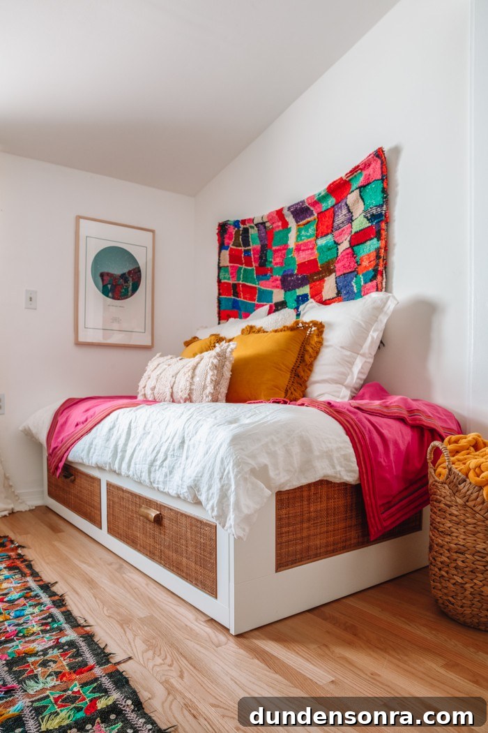 DIY Rattan BRIMNES Daybed: IKEA Hack Guide & Build Tips 2 Rattan IKEA daybed with pillows on top and a rug hanging behind it