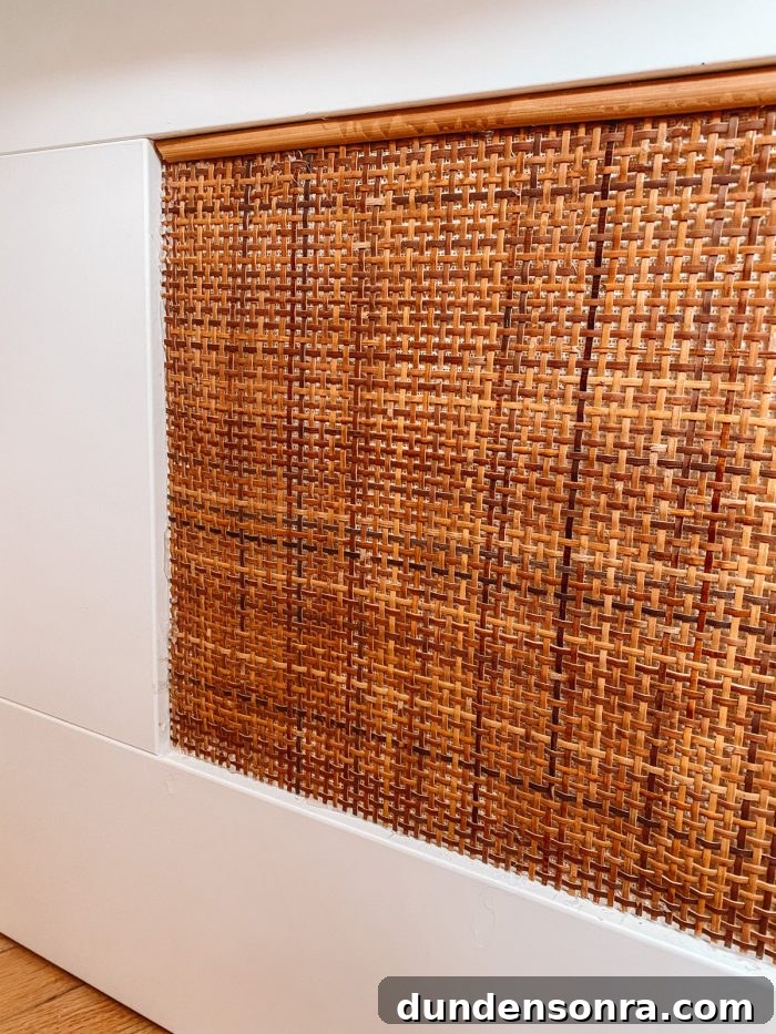 DIY Rattan BRIMNES Daybed: IKEA Hack Guide & Build Tips 14 Reed along top of cane webbing on white IKEA daybed panel