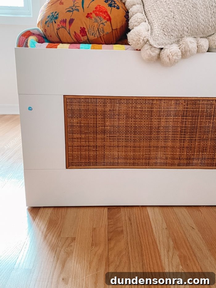 DIY Rattan BRIMNES Daybed: IKEA Hack Guide & Build Tips 16 Rattan on side panel of white IKEA daybed
