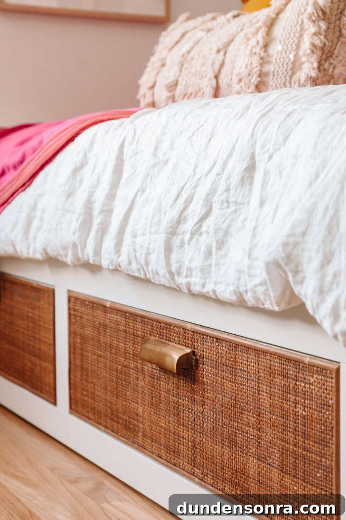 DIY Rattan BRIMNES Daybed: IKEA Hack Guide & Build Tips 17 Cane IKEA bed drawer with white linen comforter