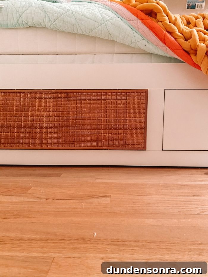 DIY Rattan BRIMNES Daybed: IKEA Hack Guide & Build Tips 9 Cane webbing on white IKEA bed drawer