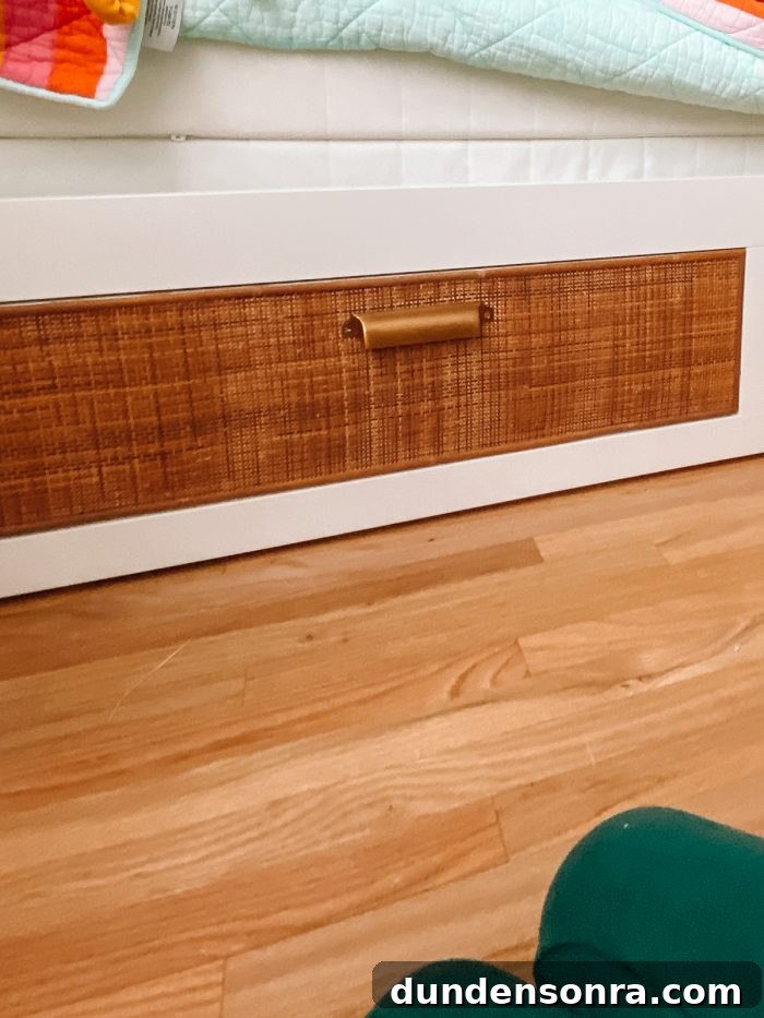 DIY Rattan BRIMNES Daybed: IKEA Hack Guide & Build Tips 10 Cane drawer with gold handle on white daybed