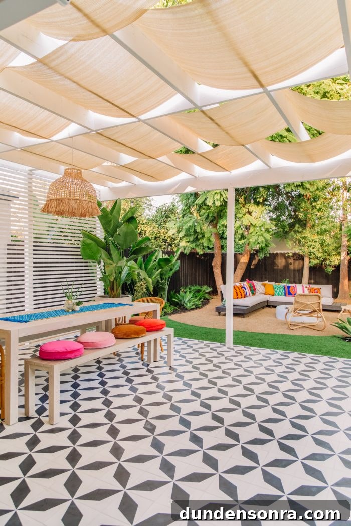 Bright Colorful Backyard with Pergola