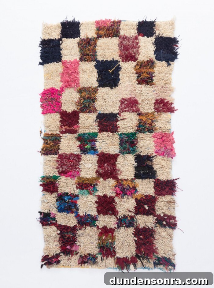 Multicolor Check Moroccan Boucherouite Rug on white background