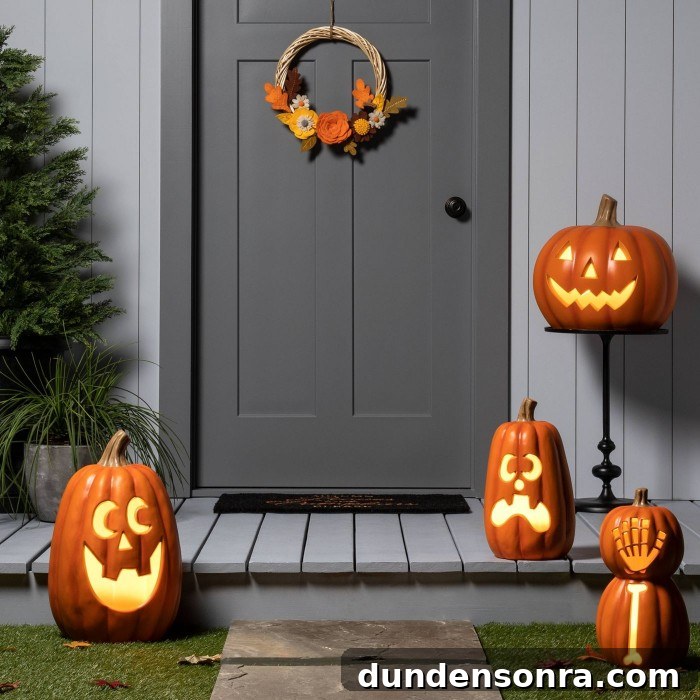 Top Halloween Home Decor Ideas to Transform Your Space 39 Outdoor Jack-o-Lanterns in front of a gray door