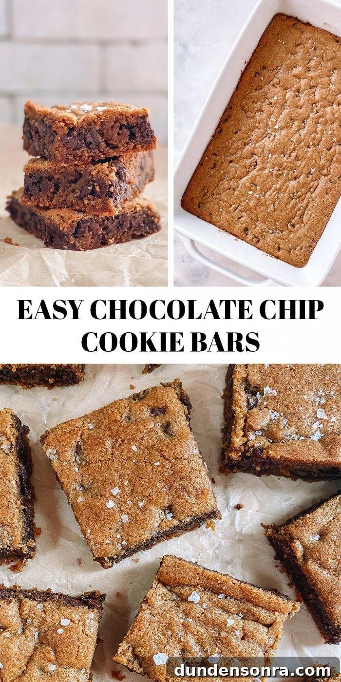 Chewy Chocolate Chip Cookie Bars Recipe for Perfect Snacks 9 three photos of chocolate chip bars with text "easy chocolate chip bars"