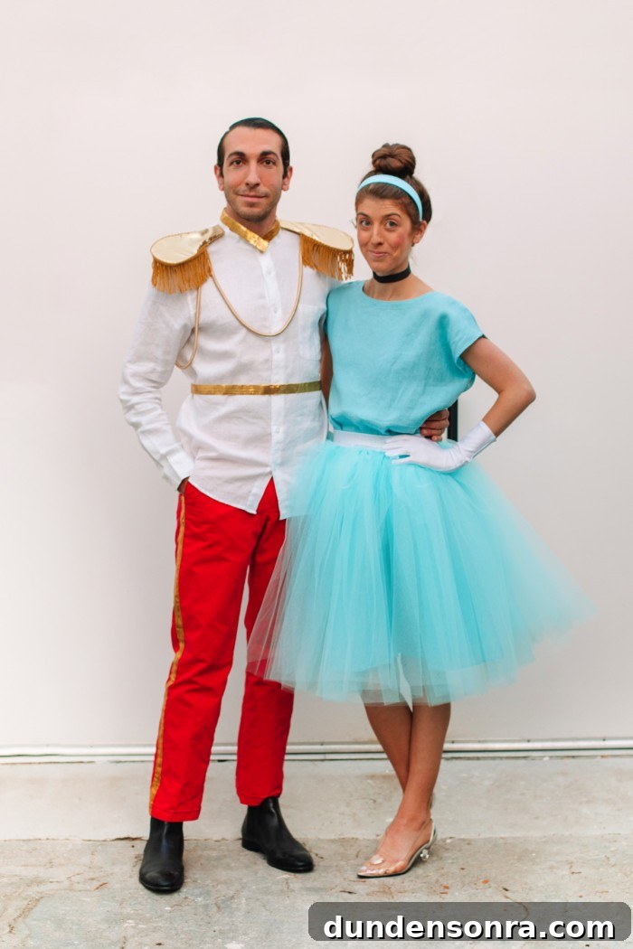 DIY Cinderella Family Costume Ideas for Matching Group Outfits 3 Couple dressed in Cinderella and Prince Charming Halloween costumes