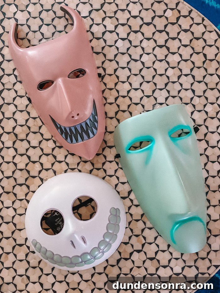 Nightmare Before Christmas Decorations, Games & Gear Guide 41 Lock Shock & Barrel Masks on a Table