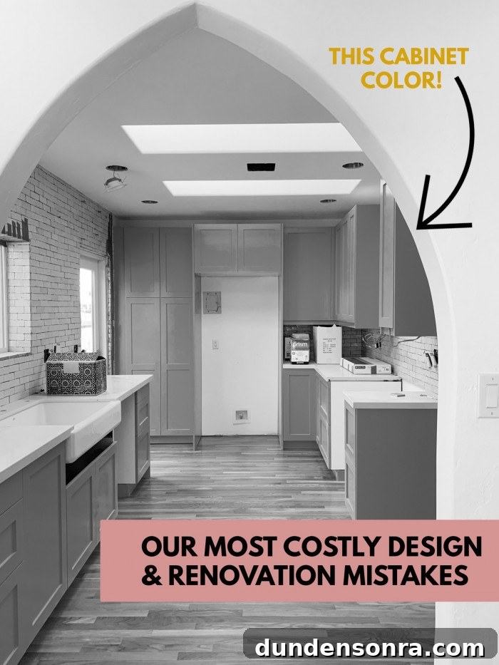 Black and white image of a kitchen with text overlay "our most costly design and renovation mistakes"