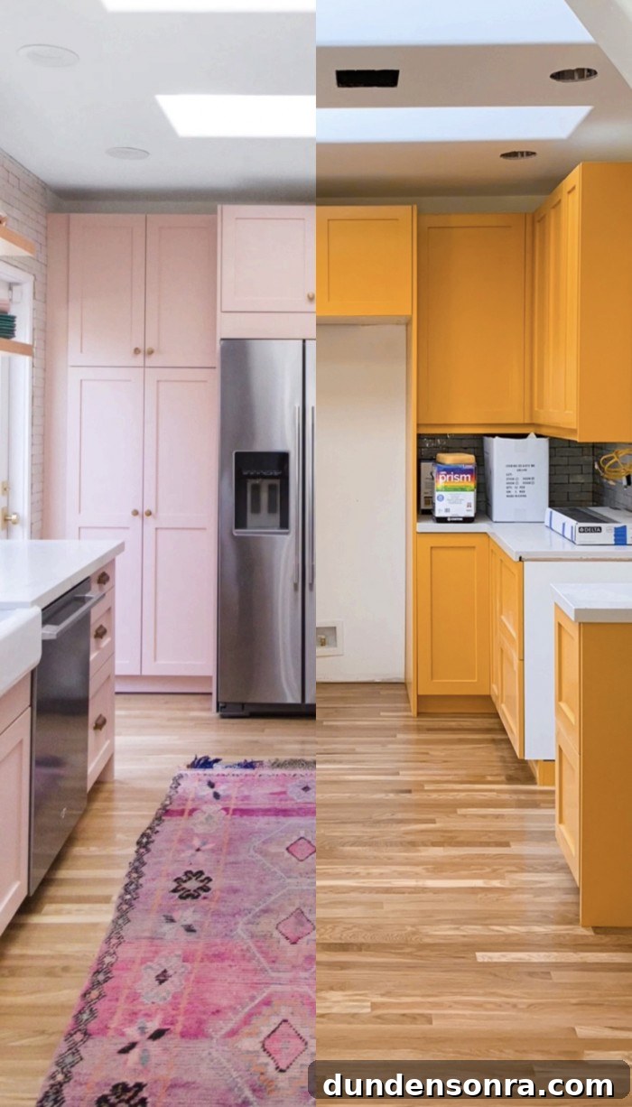 Half pink kitchen "after" and half yellow kitchen "before"