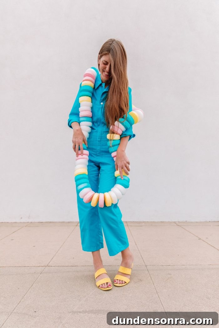 Creative Halloween Costume Ideas for Groups of 3 26 Candy Necklace Costume on woman in blue jumpsuit