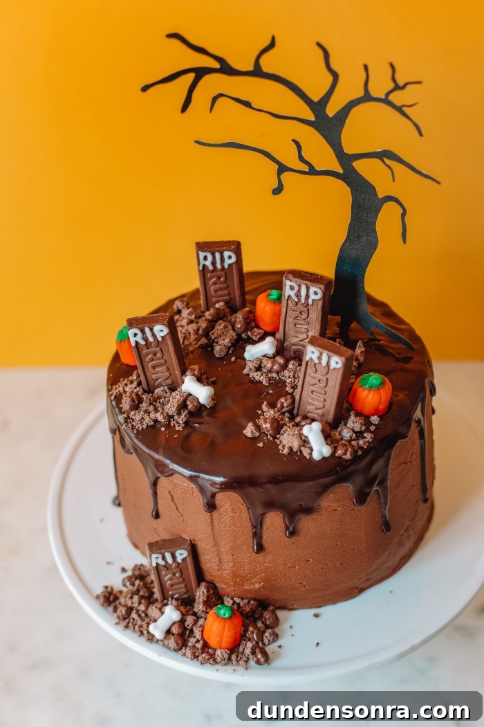 Crunch Bar Graveyard Cake with orange background