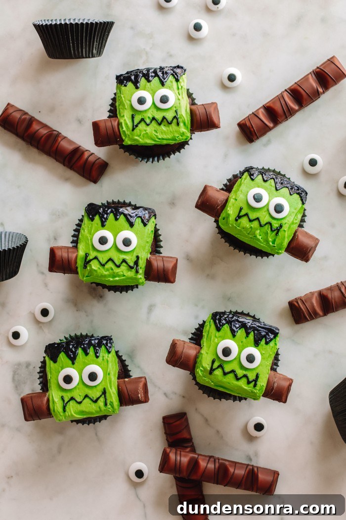 Frankenstein Cupcakes on Marble Table