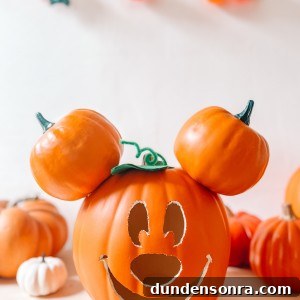 Mickey Mouse Pumpkin Carving and Decorating Guide 14 Mickey Mouse pumpkin in front of pumpkins, white wall and pumpkin lights