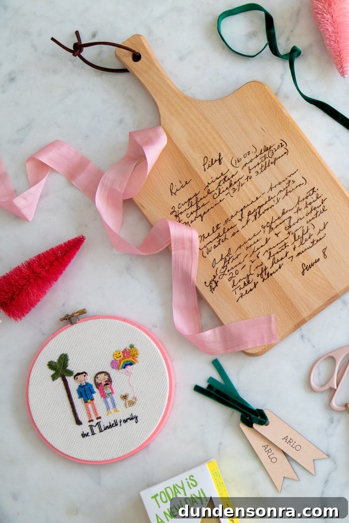 Unique Gift Ideas for People Who Truly Have Everything 6 Recipe cutting board and cross stitch family portrait