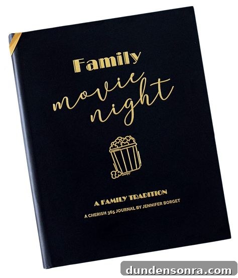 Cover of the family movie night journal; black with gold text. 