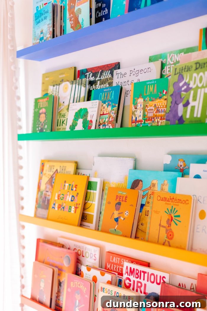 books organized in rainbow order on shelves