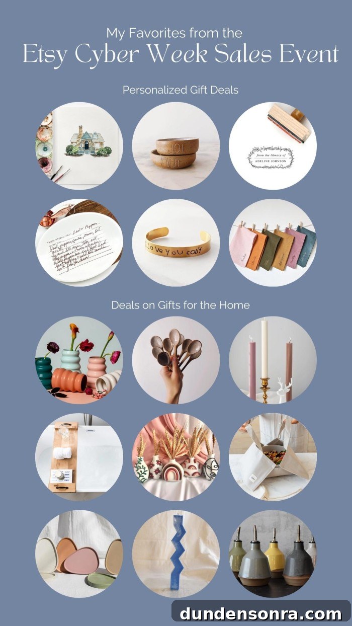 Top Etsy Cyber Week Gifts and Deals I Love 3 photo collage of items from Etsy Cyber Week Sales Event