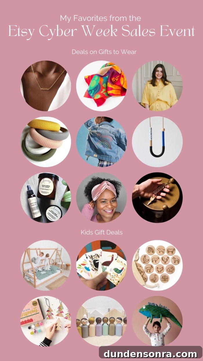 Top Etsy Cyber Week Gifts and Deals I Love 4 photo collage of items from Etsy Cyber Week Sales Event