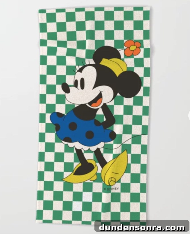 Minnie Mouse on a green and white checkered towel