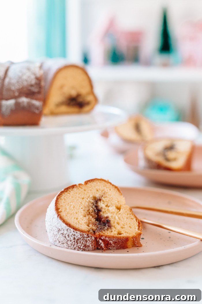 Slice of coffee bundt cake on plate