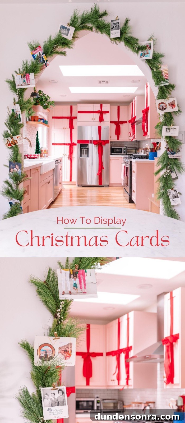 Creative Ways to Display Christmas Cards This Holiday Season 15 Christmas cards on garland with text "how to display christmas cards"