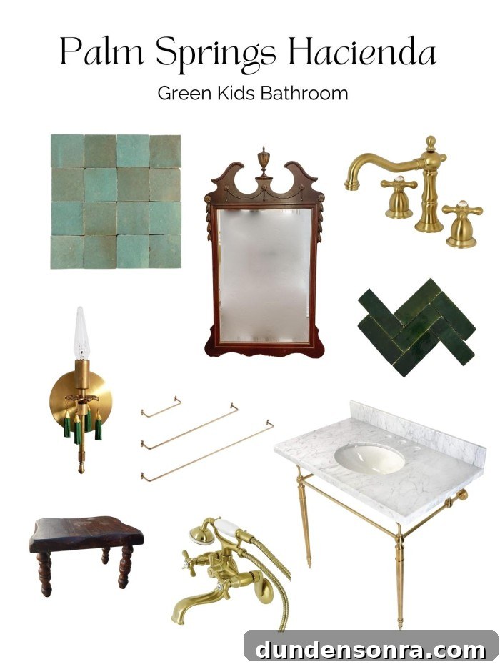 collage of bathroom decor with title "Palm Springs Hacienda"