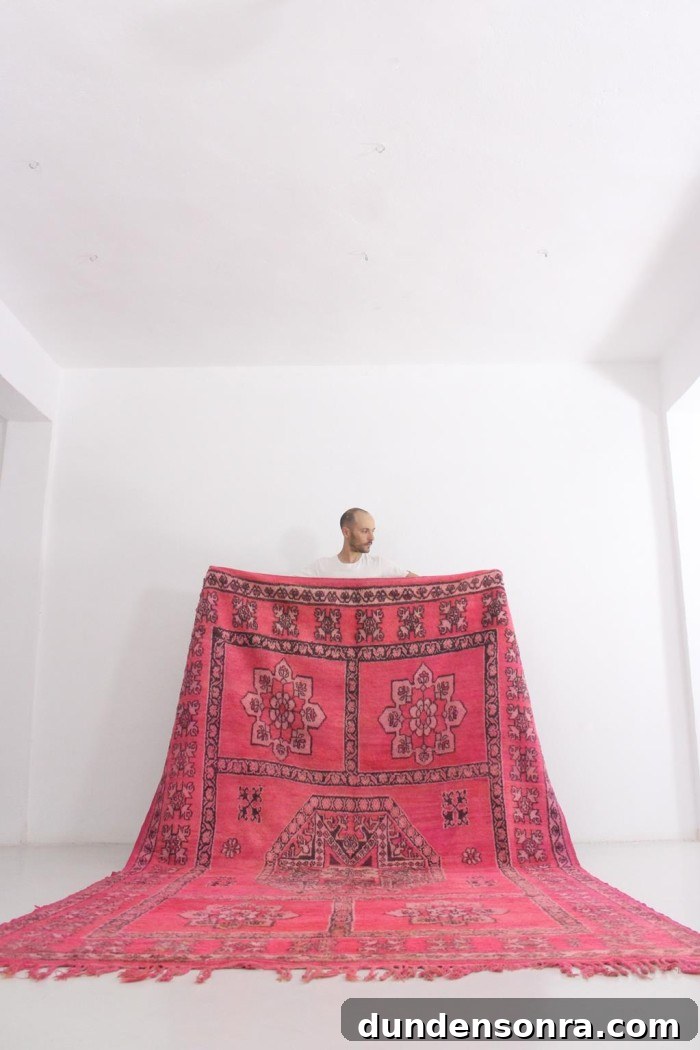 large pink moroccan rug held against a white while