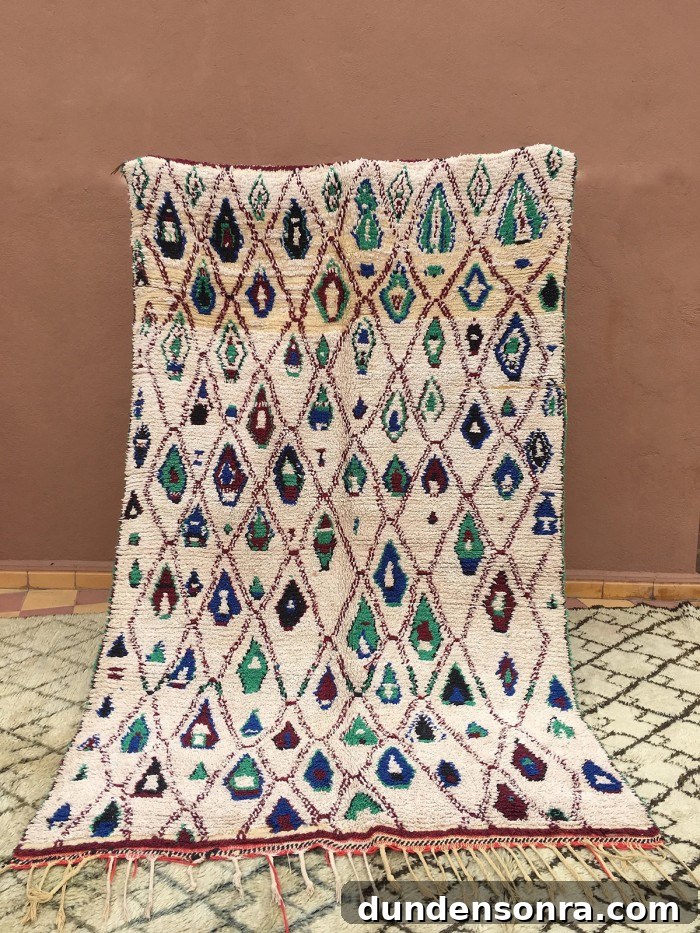 blue and teal patterned rug against wall