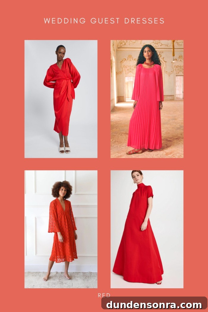 collage of red dresses for wedding guests
