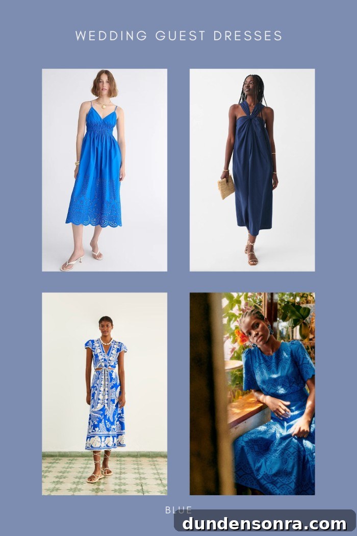 collage of blue dresses for wedding guests