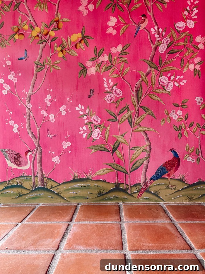 Pink Chinoisserie Wallpaper with terracotta floor