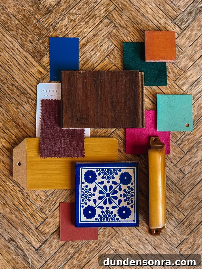 Paint and Fabric Swatches on Wood Table