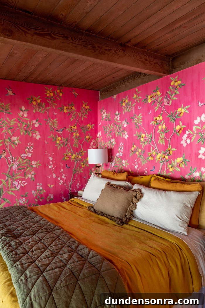 bed with mustard duvet and cream pillows with chinoiserie wallpaper behind