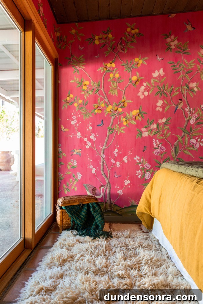 basket with blanket coming out and chinoiserie wallpaper behind