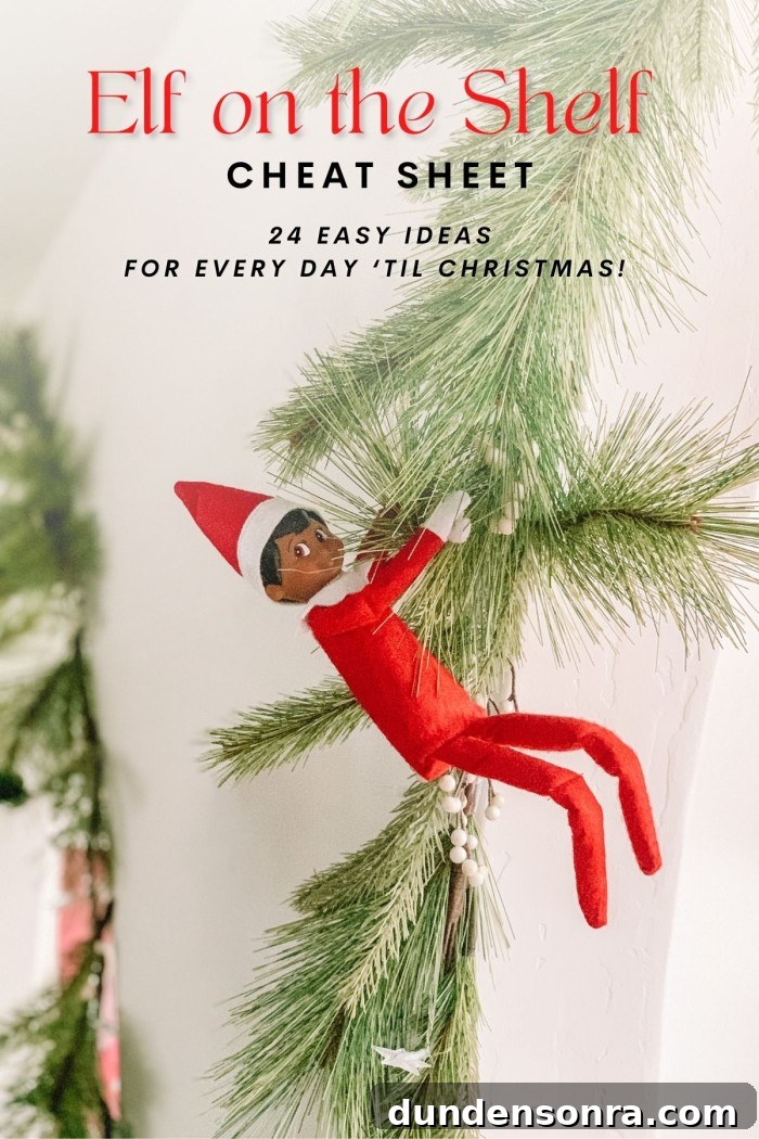 Elf hanging on garland with text saying elf on the shelf cheat sheet