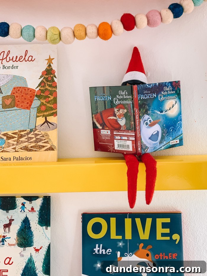 Elf reading book on shelf