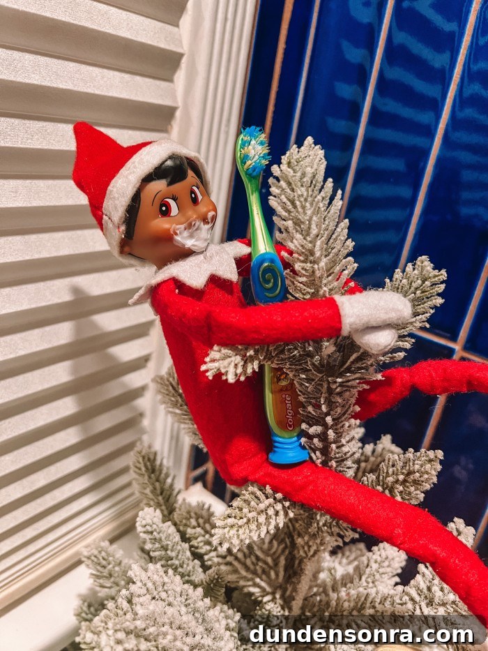 elf brushing his teeth sitting in tree