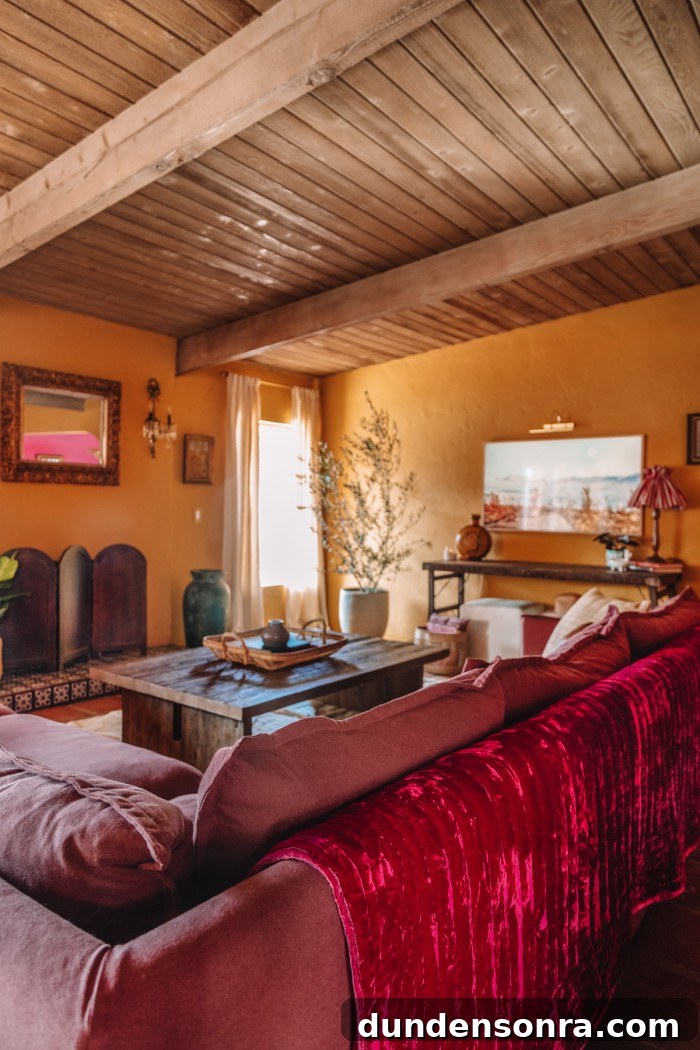 ochre living room with purple couch