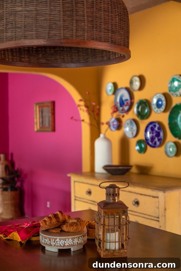 decorative plate wall in yellow kitchen