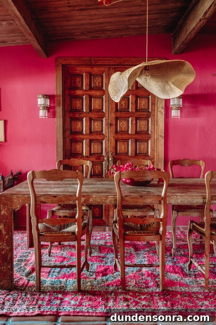 Magenta Pink Dining Room Ideas: Bold Color Decor Inspiration 11 wood doors behind table in pink dining room