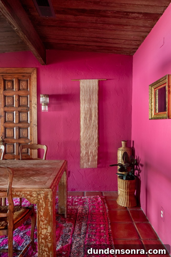 Magenta Pink Dining Room Ideas: Bold Color Decor Inspiration 14 striped table runner as tapestry on pink wall
