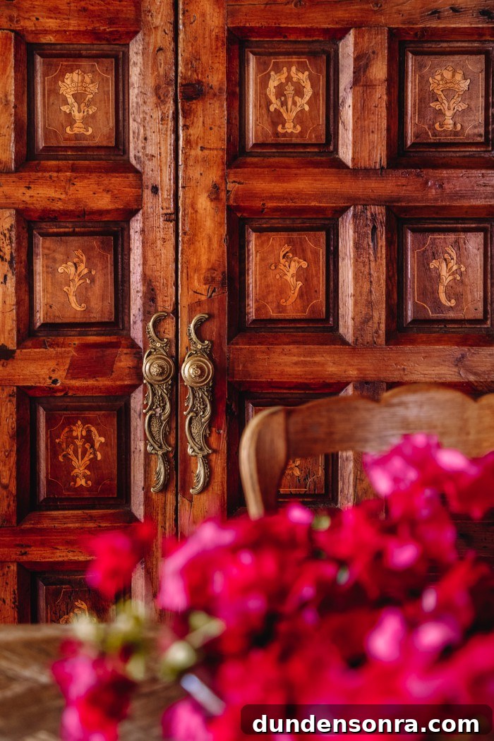 Magenta Pink Dining Room Ideas: Bold Color Decor Inspiration 3 wood doors with bougainvillea in front