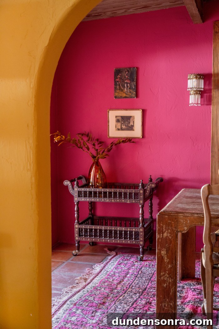 Magenta Pink Dining Room Ideas: Bold Color Decor Inspiration 8 wood bar cart in pink dining room