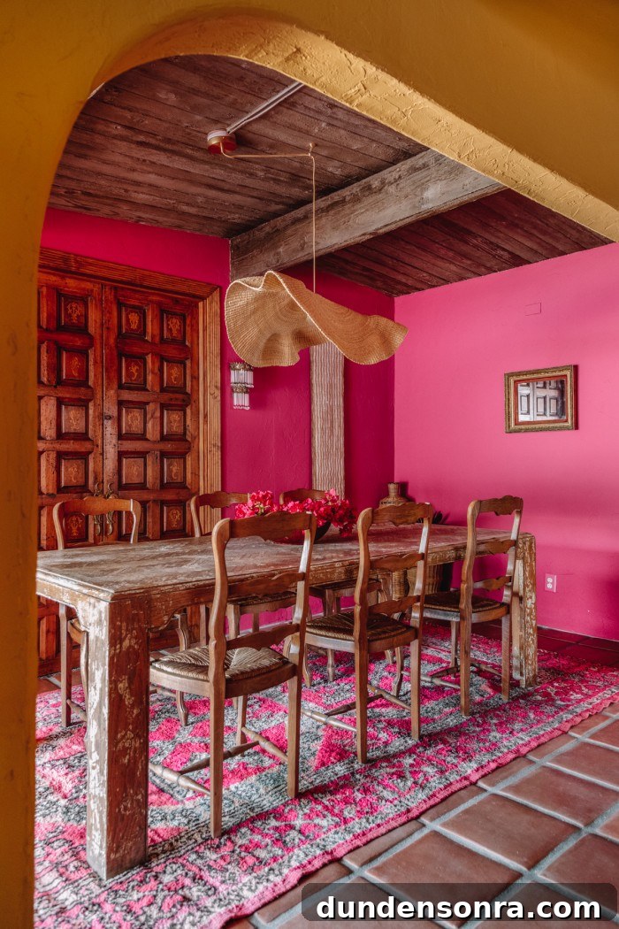 Magenta Pink Dining Room Ideas: Bold Color Decor Inspiration 9 pink dining room with wood table and arch