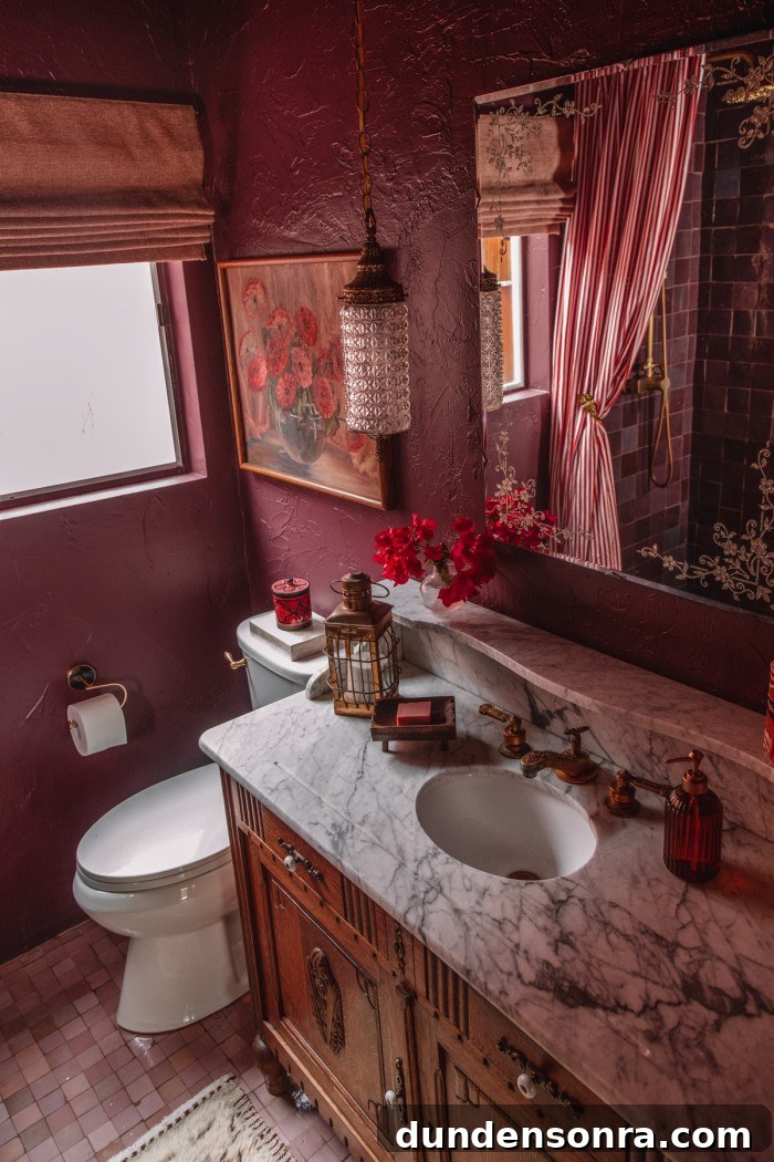Rich, Moody Purple Bathroom Design Ideas 11 wood and marble vanity in purple bathroom
