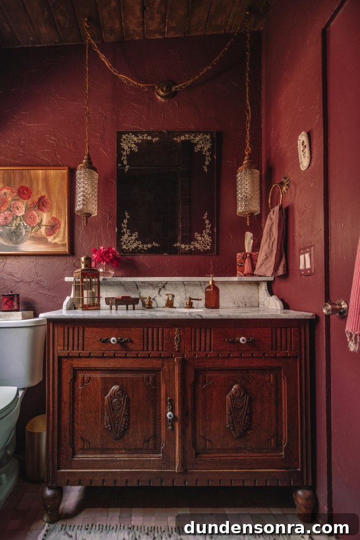 Rich, Moody Purple Bathroom Design Ideas 13 Purple Bathroom with wood antique vanity